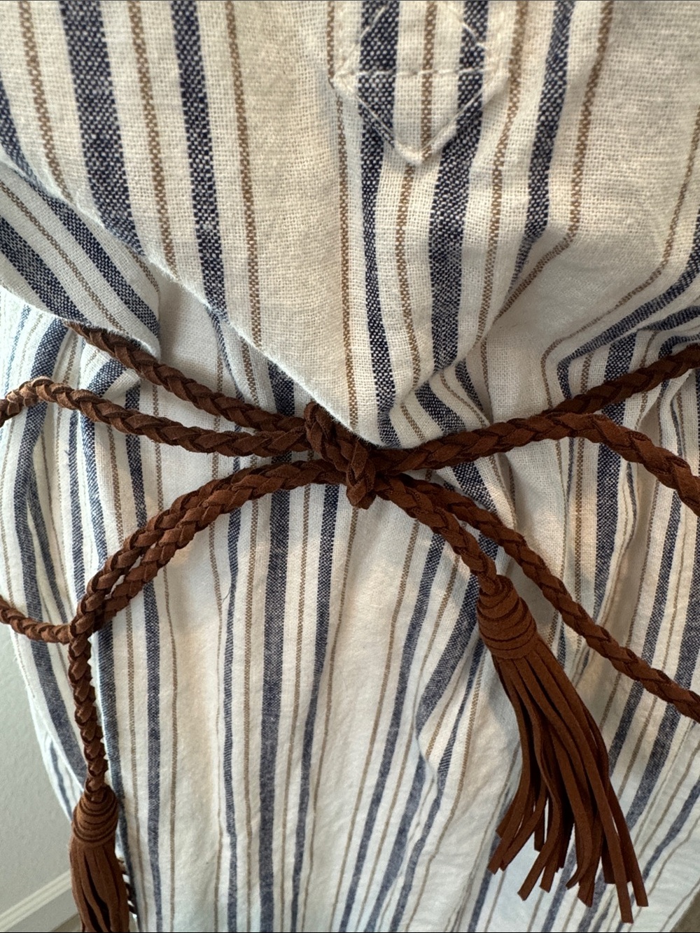 Striped Shirt Midi Dress with Tassel Belt - White/Blue - Picture 2 of 14